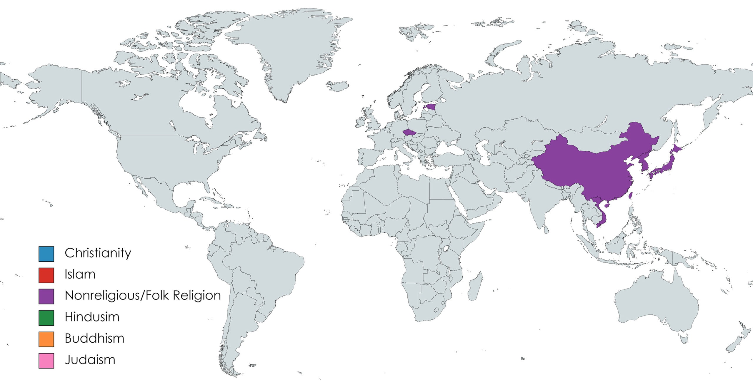 Map depicting countries with a majority of Folk and Nonreligious followers.