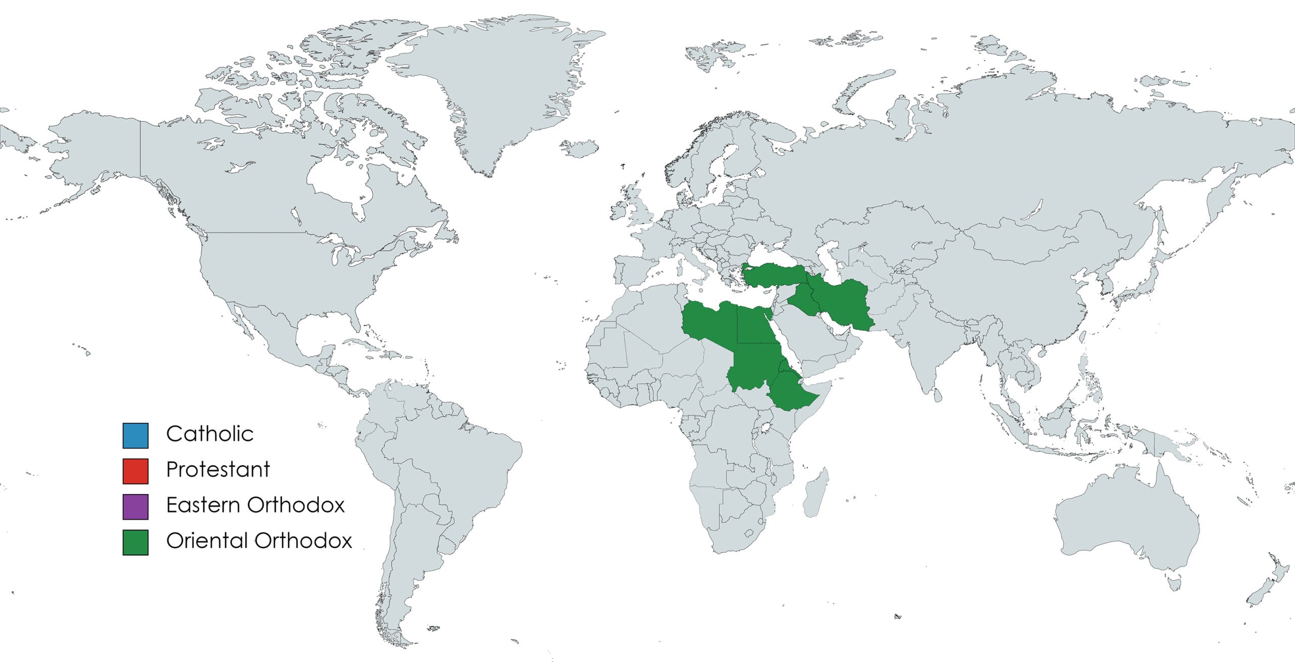 Map depicting all Oriental Orthodox majority Christian countries.